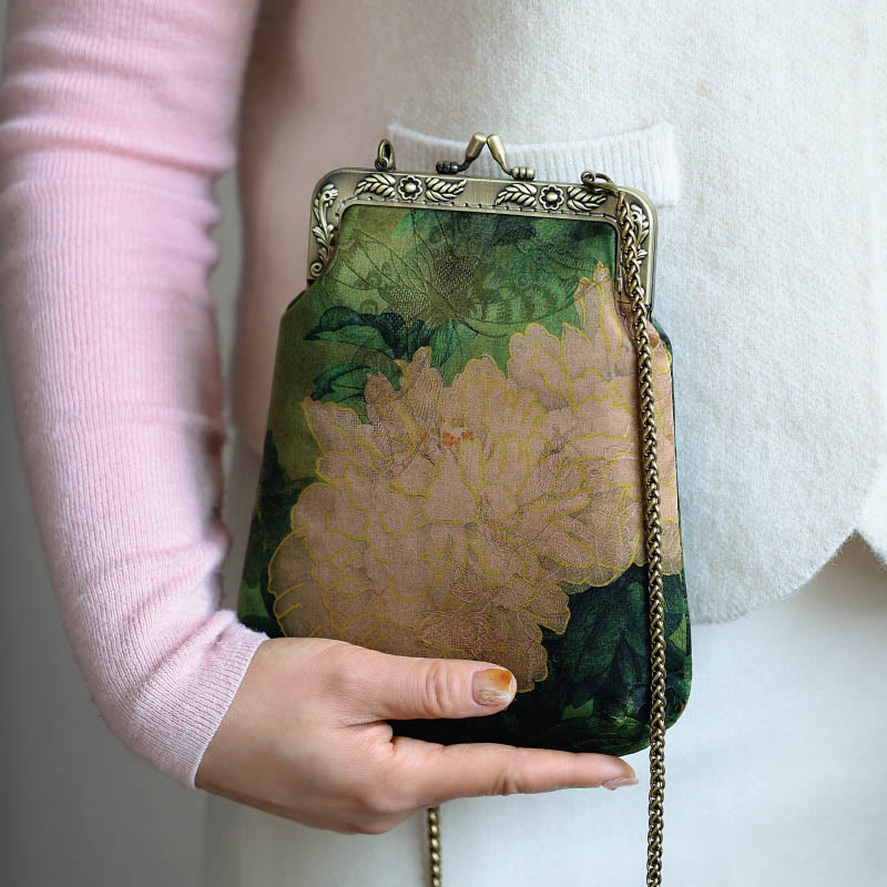 Petit sac à bandoulière à chaîne en métal avec motif papillon pivoine verte