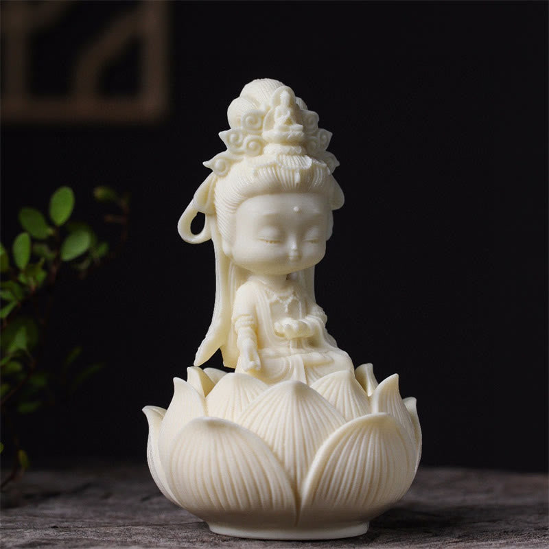 Petite décoration de bureau en forme de lotus Kwan Yin Avalokitesvara, fruit en ivoire
