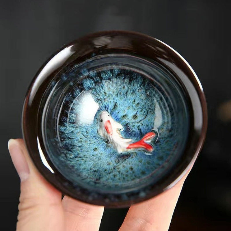 Tasse à thé en céramique chinoise Jianzhan, motif petit poisson koï bleu, 75 ml