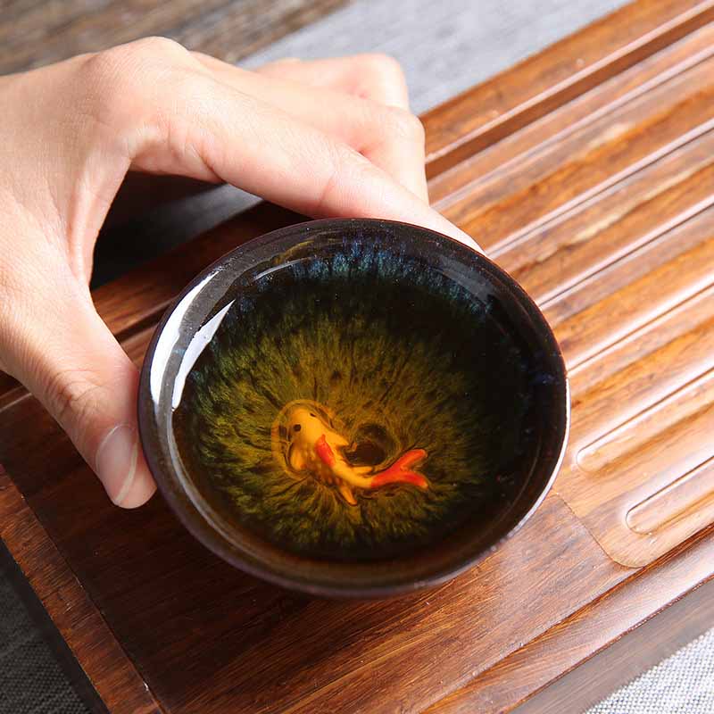 Tasse à thé en céramique chinoise Jianzhan, motif petit poisson koï bleu, 75 ml