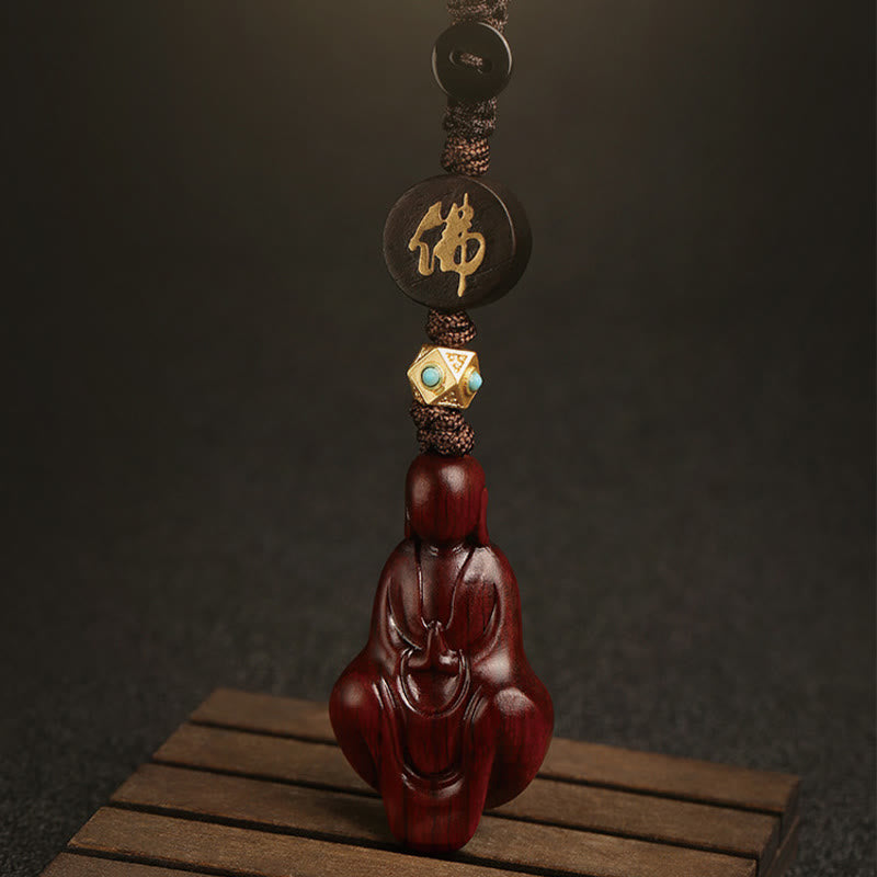 Porte-clés de protection Bouddha en bois de santal rouge à petites feuilles