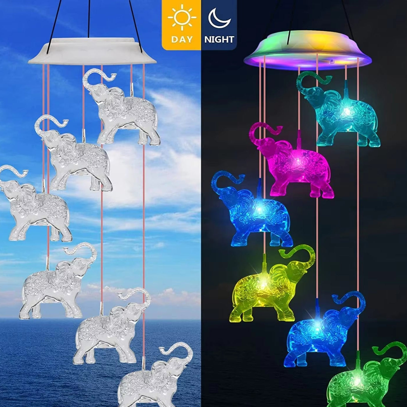 Solar-powered wind chime with glowing elephant decorations for garden decor