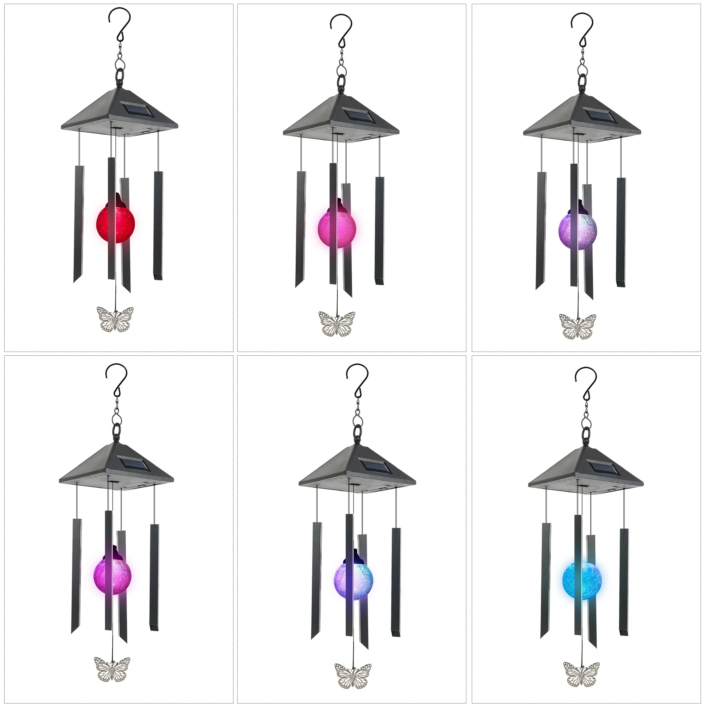 Solar LED Wind Chimes with Colored Glass Balls and Butterfly Decorations for Outdoor Decor