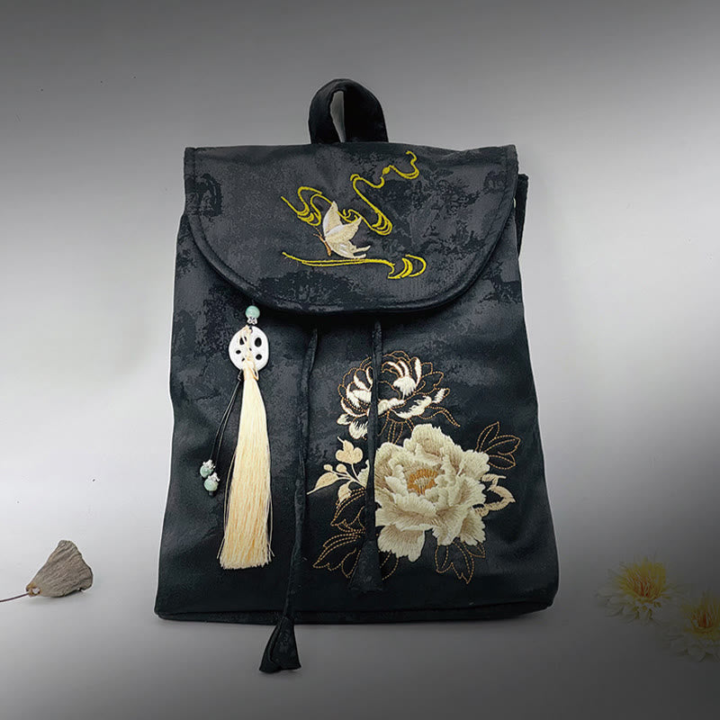 Sac à dos spacieux brodé de pivoines noires pour accessoires de méditation