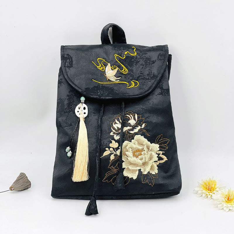 Sac à dos spacieux brodé de pivoines noires pour accessoires de méditation