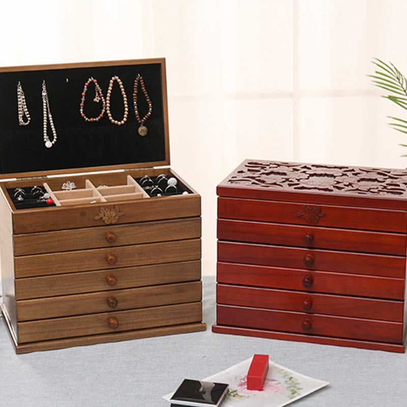 Coffret à bijoux spacieux en bois à six niveaux avec motif floral vintage