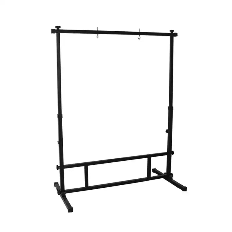 Black metal clothing rack with adjustable height and two hooks at the top.