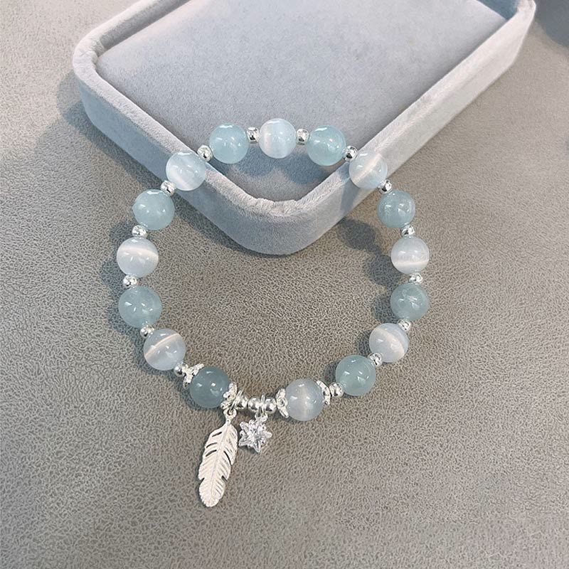 Bracelet de guérison œil de chat en argent sterling et aigue-marine 14-16 cm