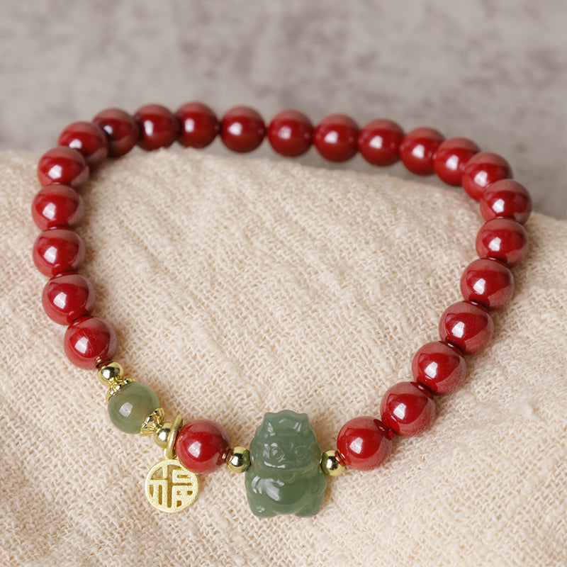 Bracelet dragon en argent sterling avec breloques en cinabre et jade
