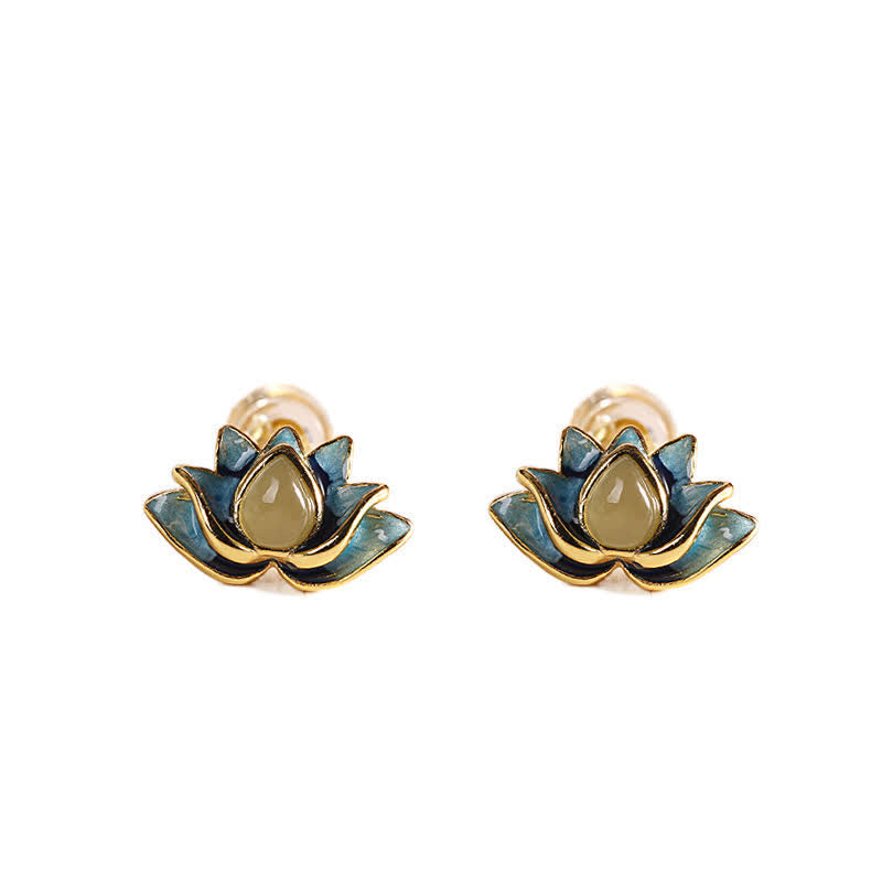 Boucles d'oreilles en argent sterling avec fleur de lotus en jade cyan Hetian
