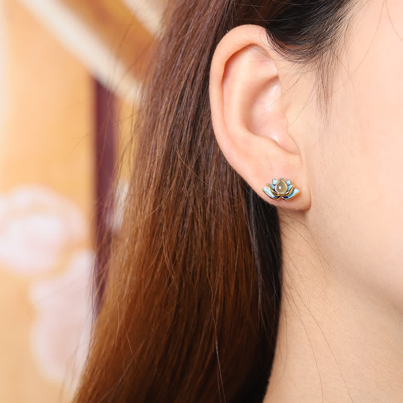 Boucles d'oreilles en argent sterling avec fleur de lotus en jade cyan Hetian