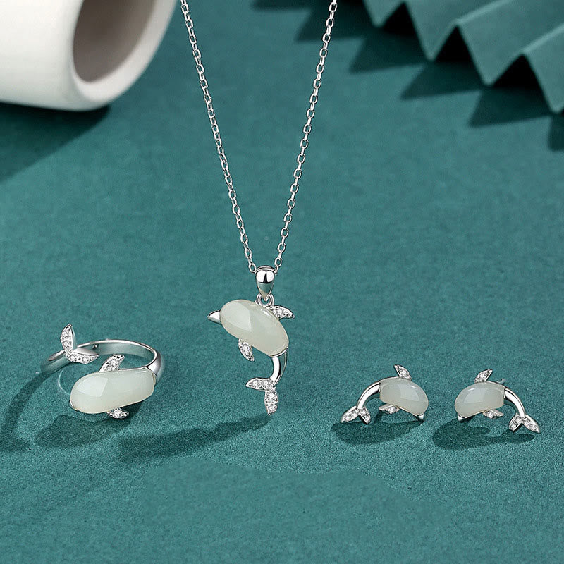 Ensemble collier et boucles d'oreilles en argent sterling et jade avec pendentif, bague et boucles d'oreilles