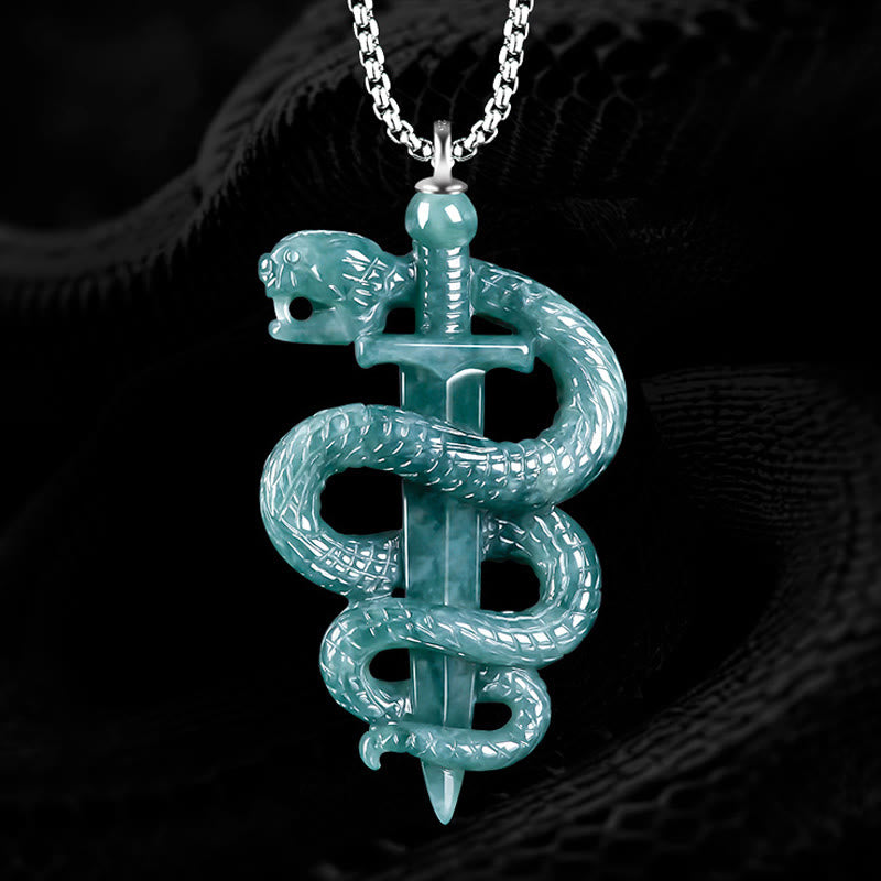 Collier épée serpent en argent sterling et jade pour la chance et la protection