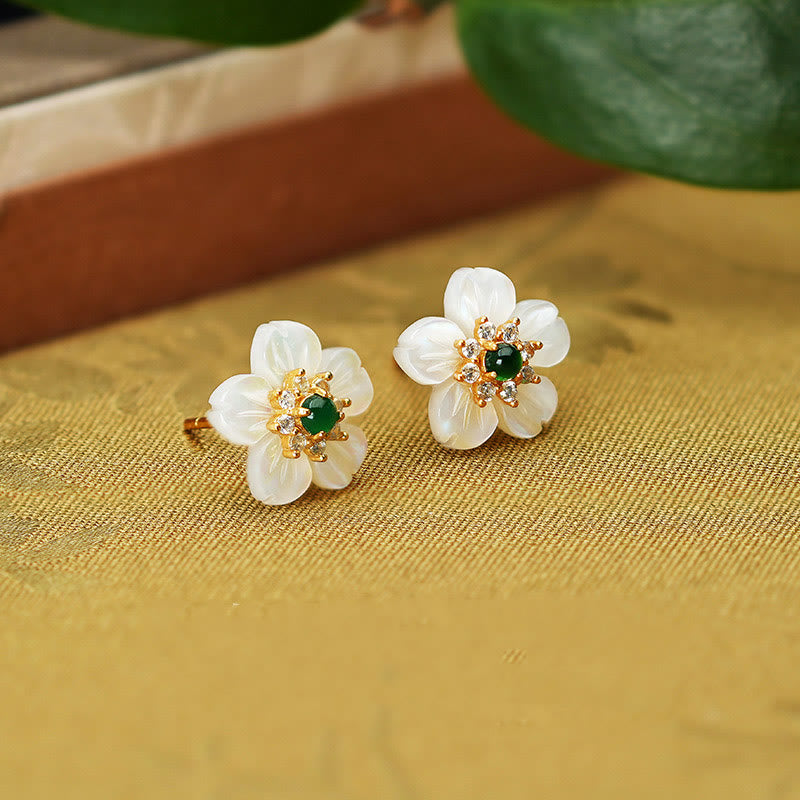 Boucles d'oreilles en argent sterling, jade et fleur de Tridacna