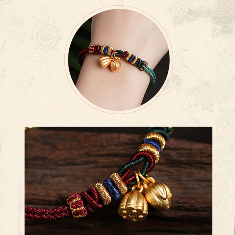 Bracelet en argent sterling avec cordon rouge et vert et gousse de lotus