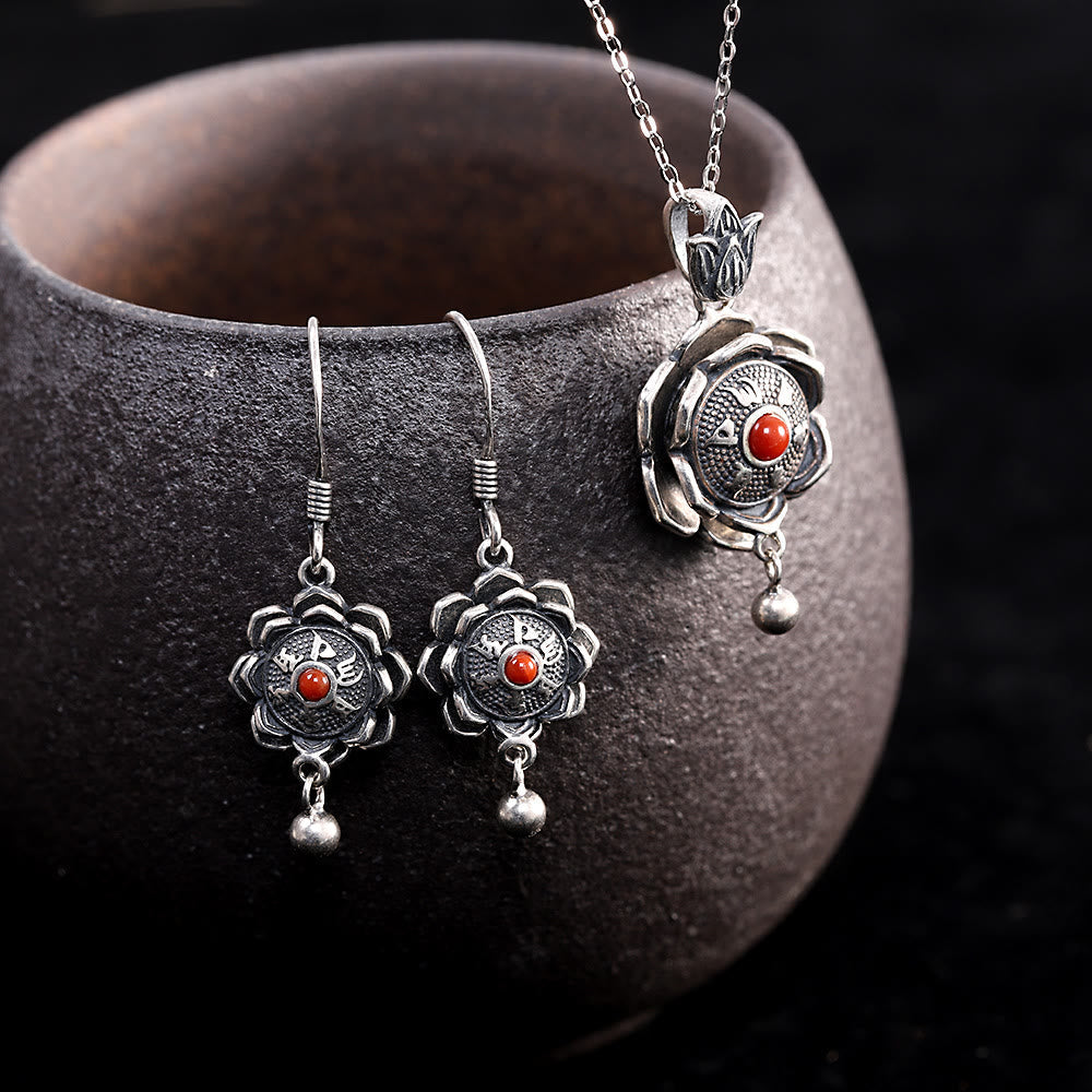 Ensemble collier et boucles d'oreilles Lotus Om Mani Padme Hum en argent sterling