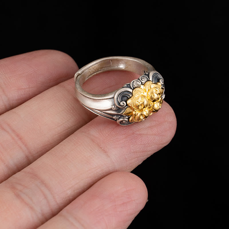 Bague de protection réglable en argent sterling avec tête de mort tibétaine