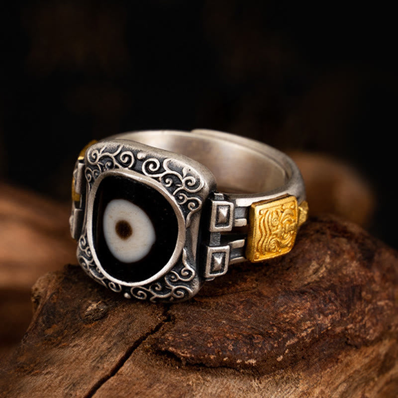 Bague en argent sterling avec perle Dzi de la déesse Zakiram