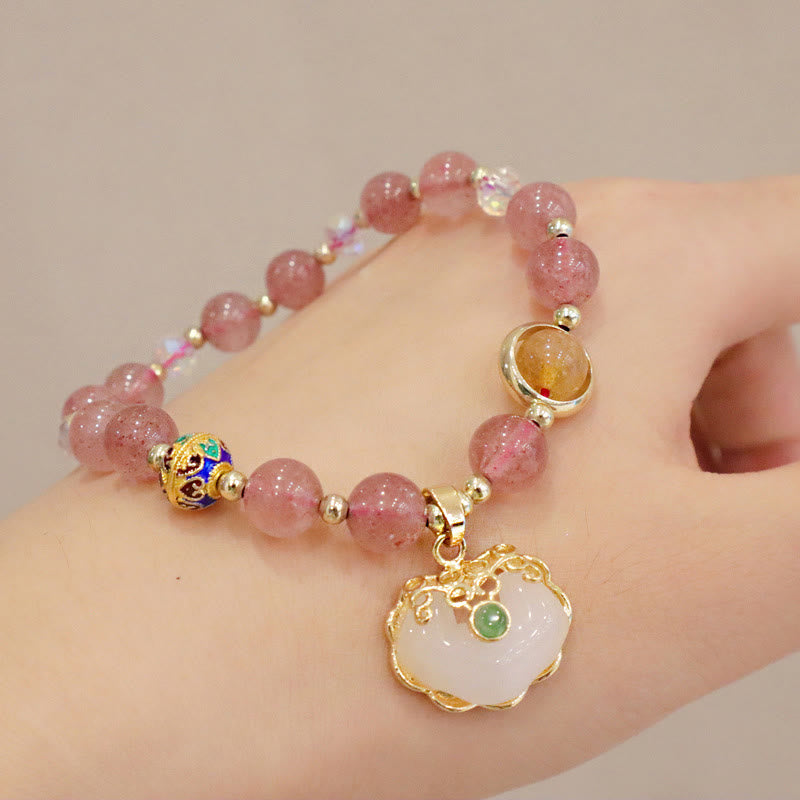 Bracelet de guérison en quartz fraise avec breloque cadenas chinois