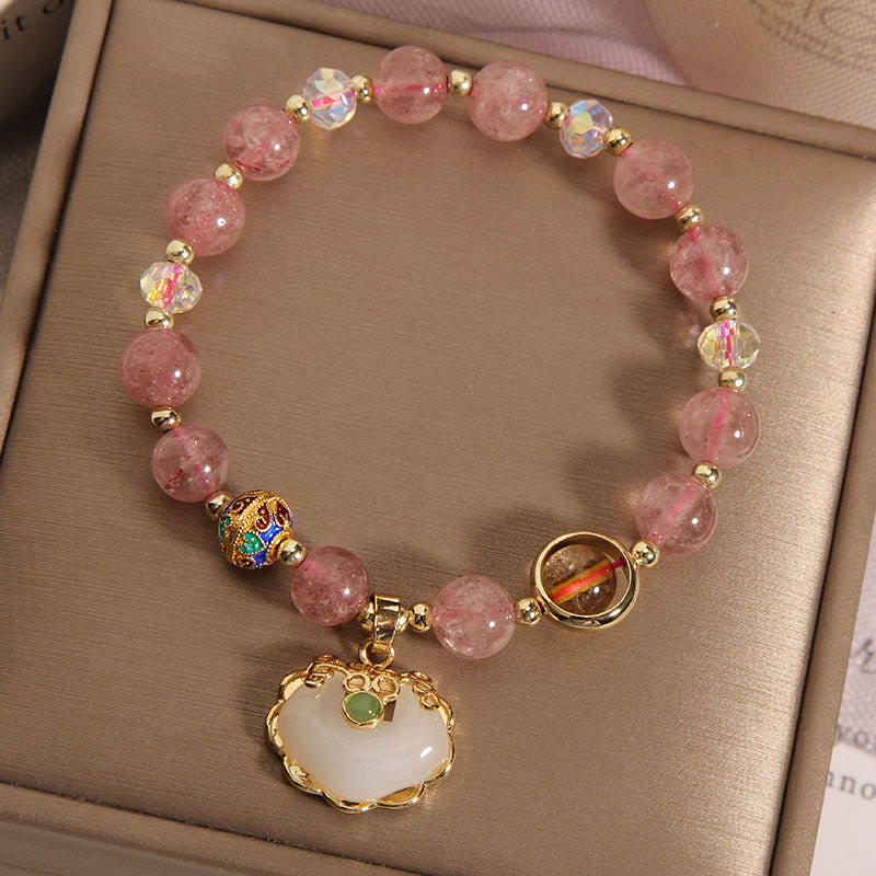 Bracelet de guérison en quartz fraise avec breloque cadenas chinois