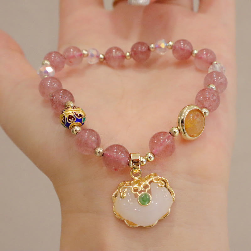 Bracelet de guérison en quartz fraise avec breloque cadenas chinois