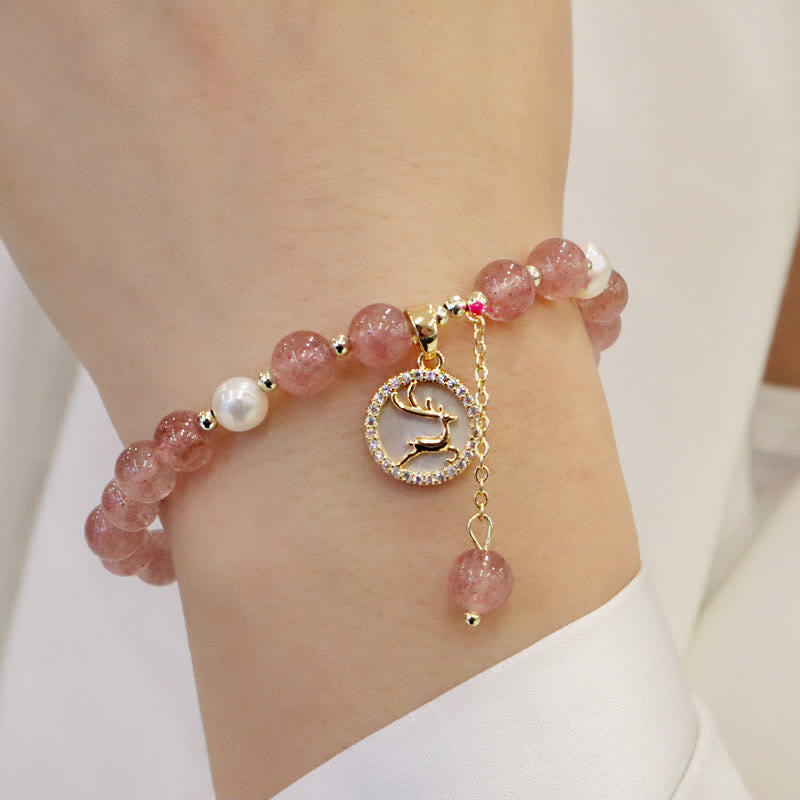 Bracelet de guérison en quartz fraise avec breloque Fu pour l'amour et la chance
