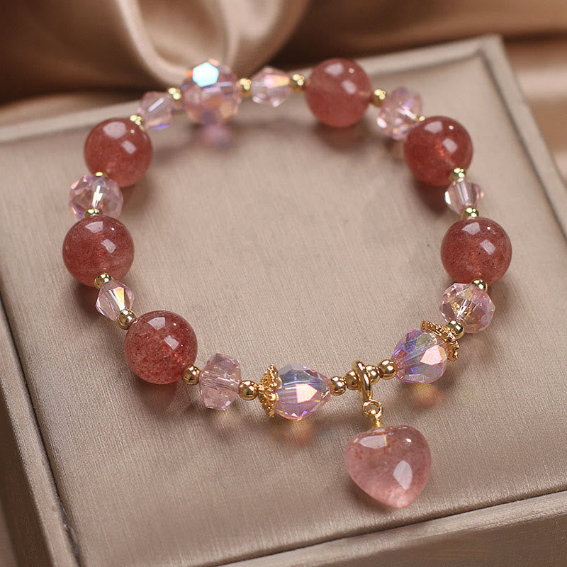 Bracelet de guérison d'amour en quartz fraise, motif cœur
