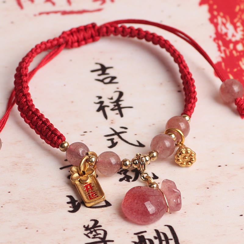 Bracelet de guérison d'amour en quartz fraise avec lotus et fil rouge