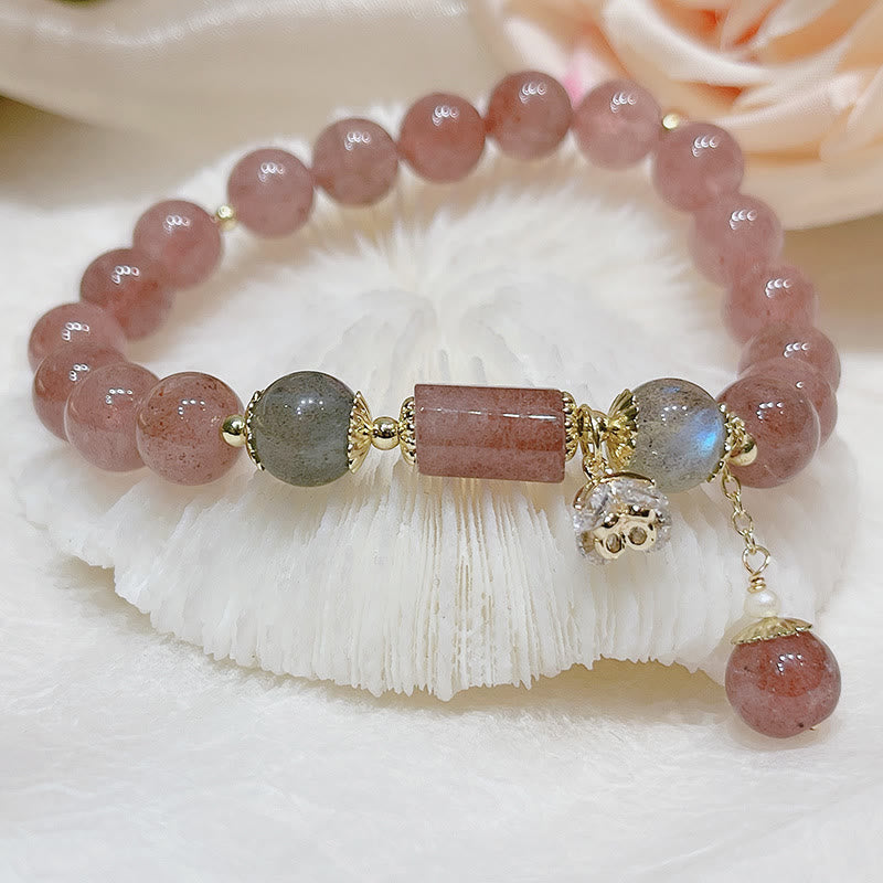 Bracelet Love en quartz fraise et pierre de lune 15-18 cm