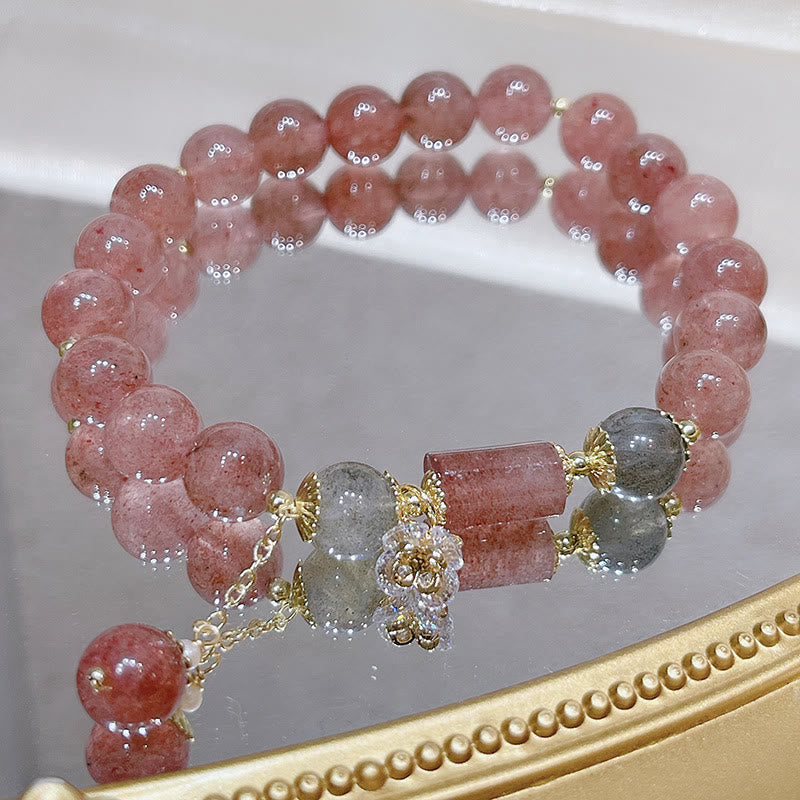 Bracelet Love en quartz fraise et pierre de lune 15-18 cm