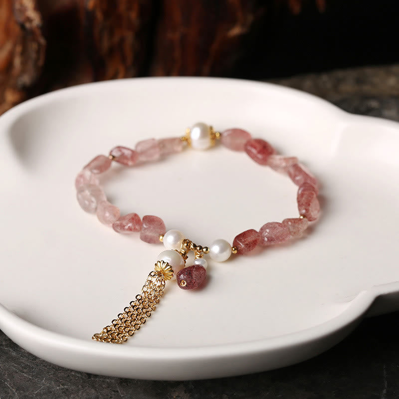 Bracelet de guérison d'amour en or 14 carats avec perles de quartz fraise