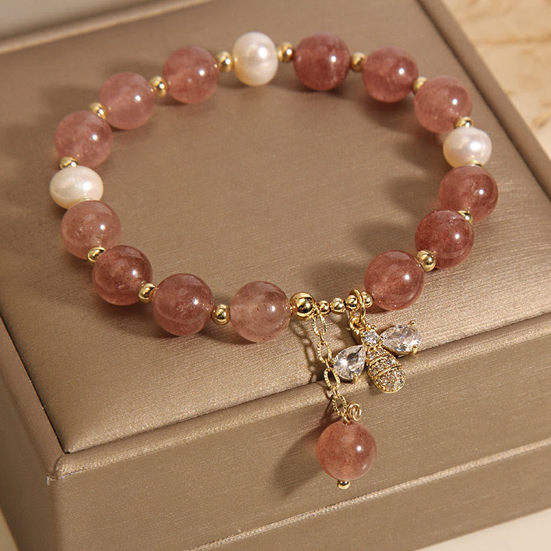 Bracelet à breloques à énergie positive en perles de quartz fraise