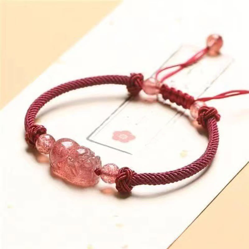Bracelet de protection en fil rouge Pixiu en quartz fraise 14-17 cm