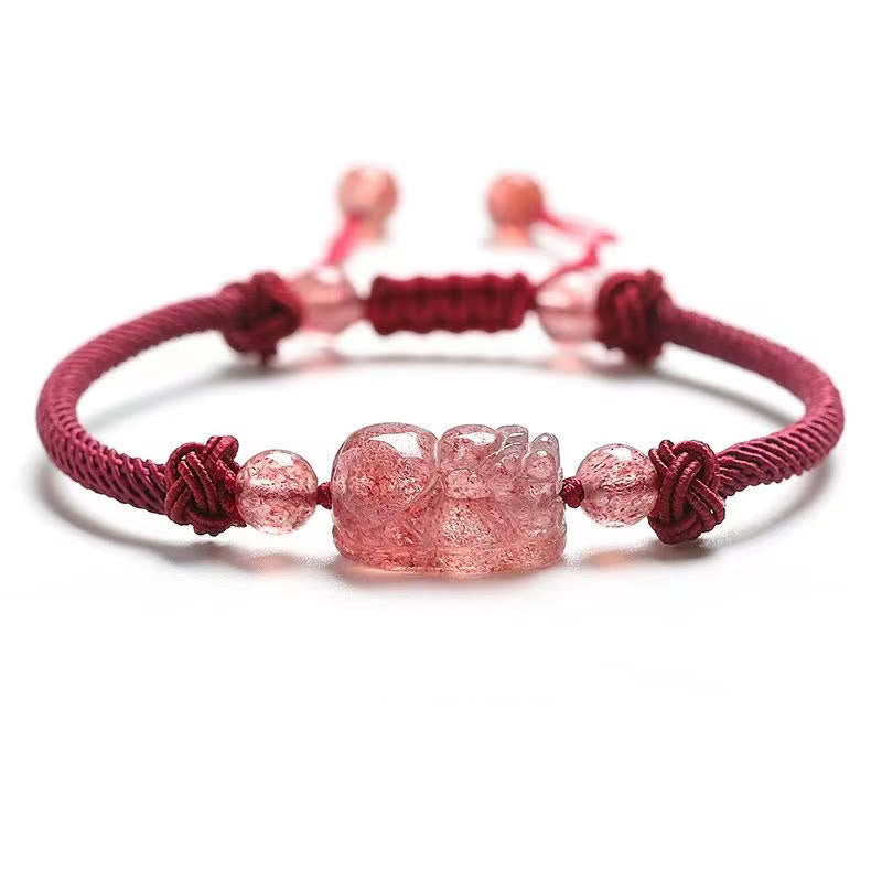 Bracelet de protection en fil rouge Pixiu en quartz fraise 14-17 cm