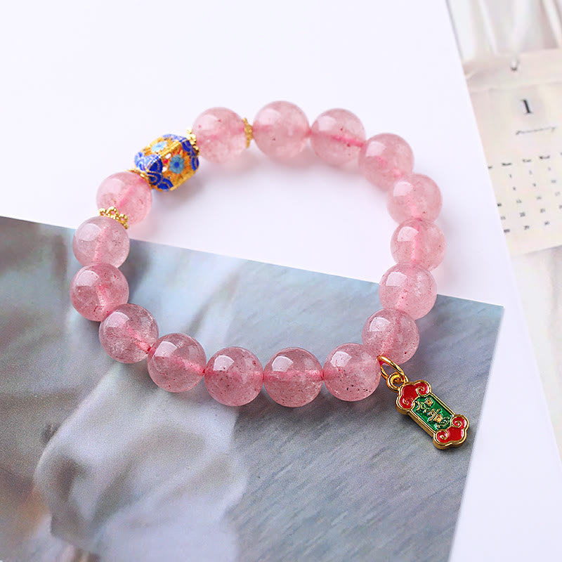 Bracelet à breloques Ruyi en quartz fraise pour la guérison par l'amour
