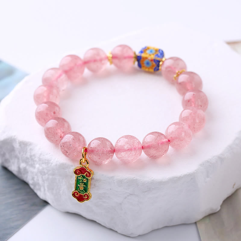 Bracelet à breloques Ruyi en quartz fraise pour la guérison par l'amour