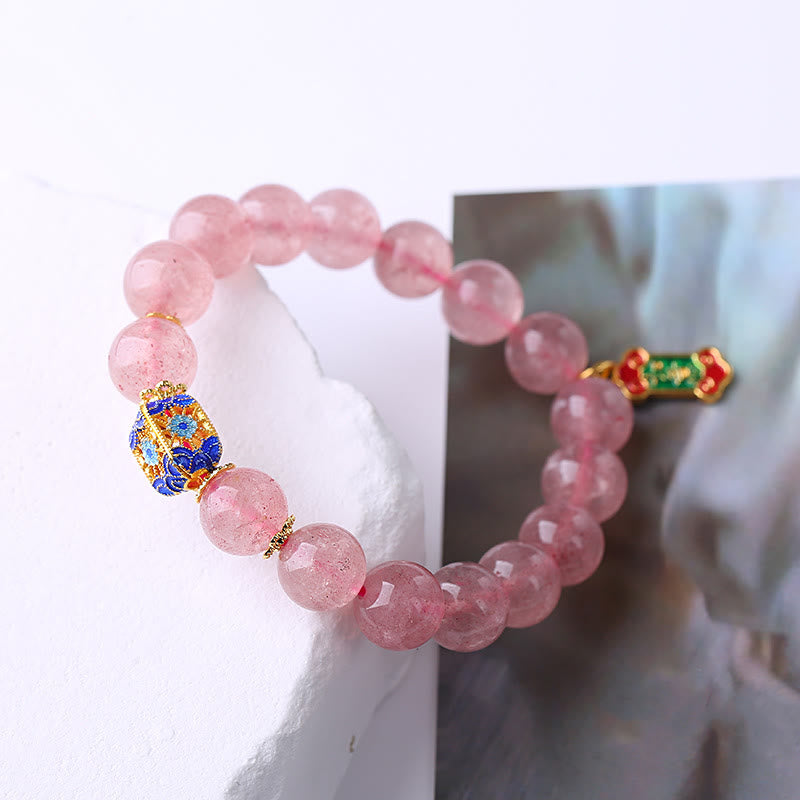 Bracelet à breloques Ruyi en quartz fraise pour la guérison par l'amour