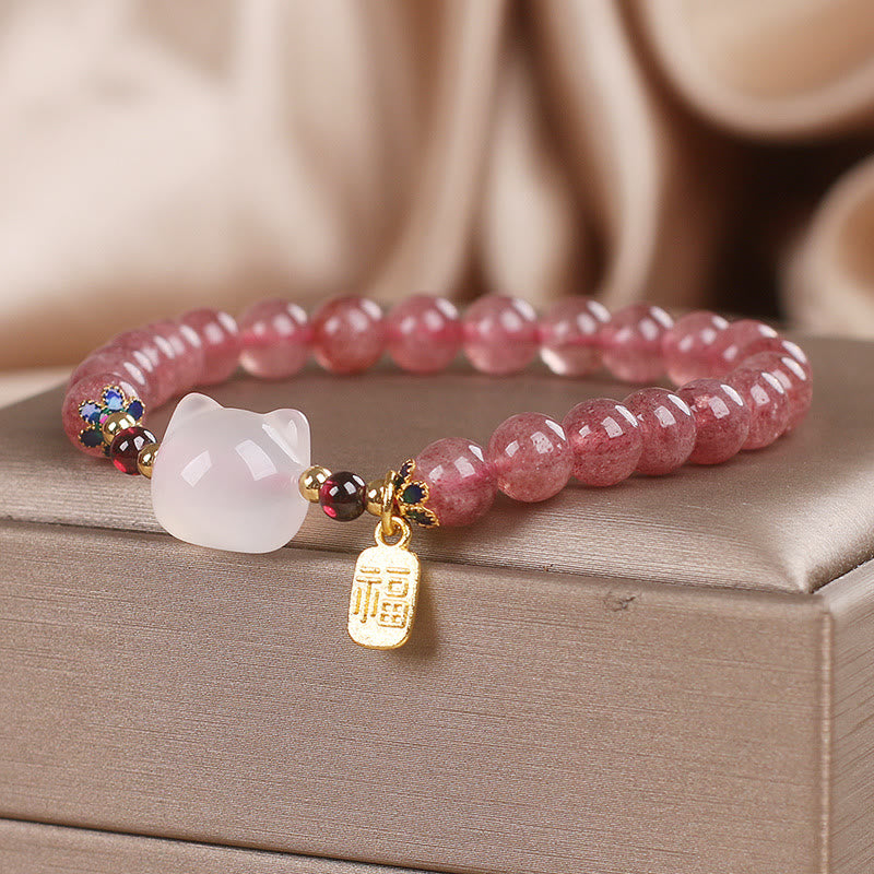 Bracelet de guérison Fu en jade blanc et quartz fraise