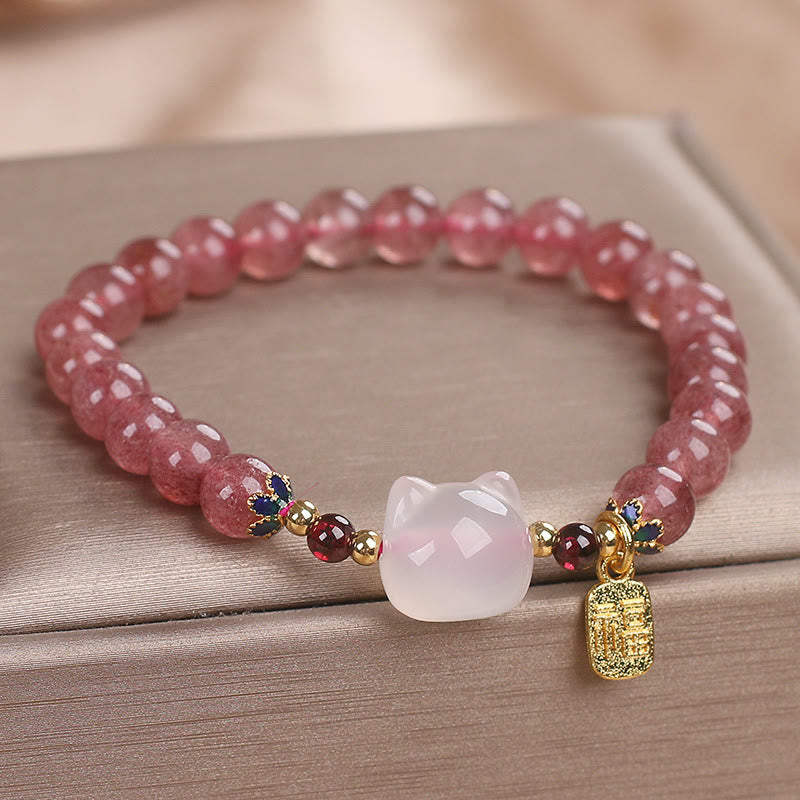Bracelet de guérison Fu en jade blanc et quartz fraise