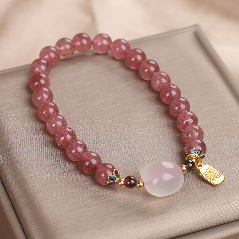 Bracelet de guérison Fu en jade blanc et quartz fraise