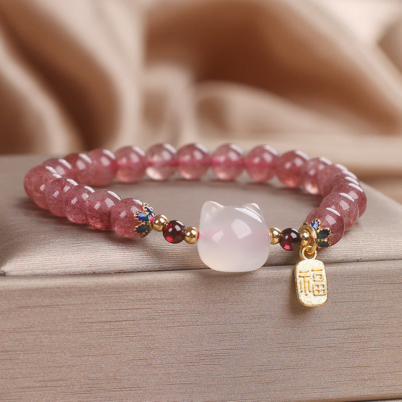 Bracelet de guérison Fu en jade blanc et quartz fraise