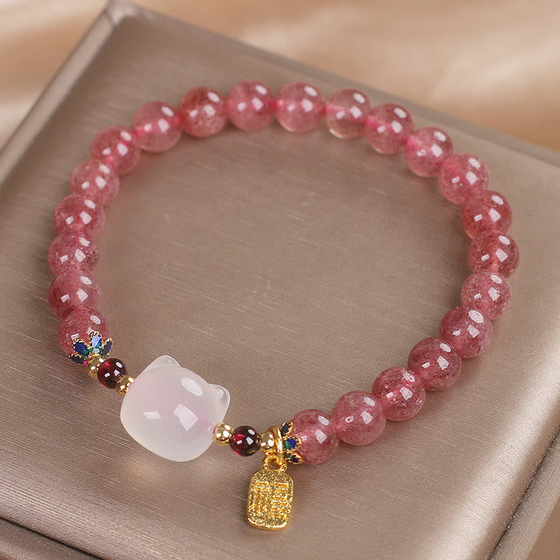 Bracelet de guérison Fu en jade blanc et quartz fraise