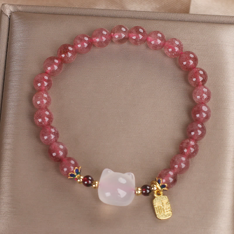 Bracelet de guérison Fu en jade blanc et quartz fraise