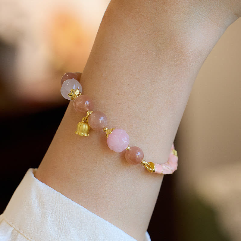 Bracelet à breloques positives en pierre de soleil et jade de soie dorée