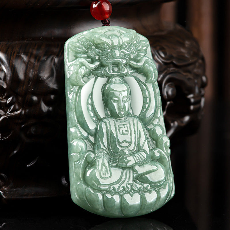 Collier amulette en jade Tathagata avec symboles du dragon et du Bouddha