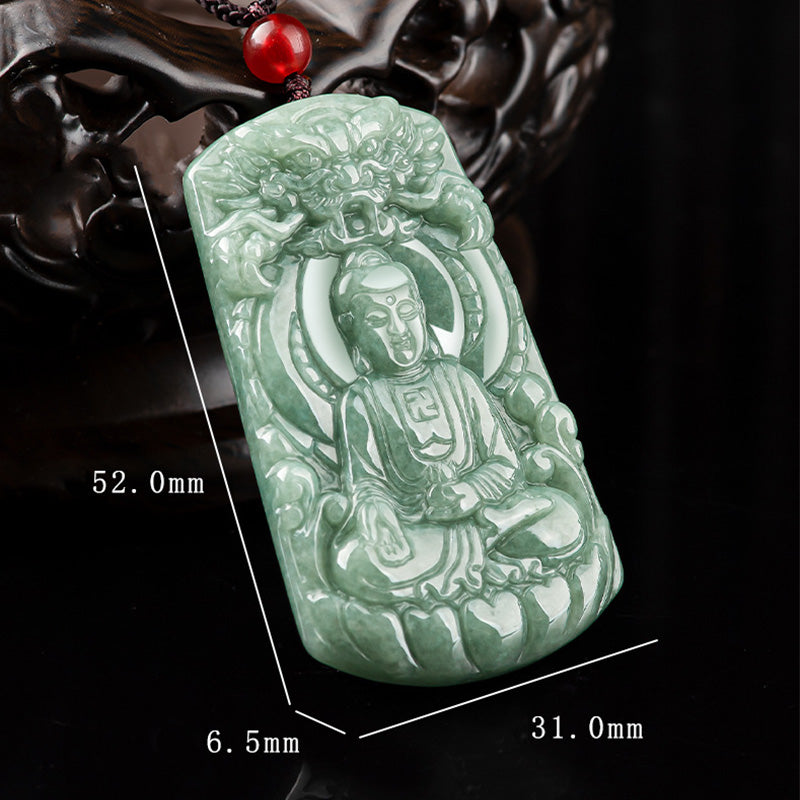Collier amulette en jade Tathagata avec symboles du dragon et du Bouddha