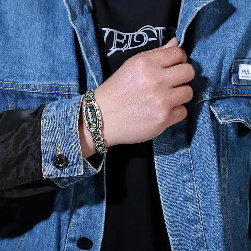 Bracelet de protection tibétain en perles dzi turquoise à neuf yeux 18 cm