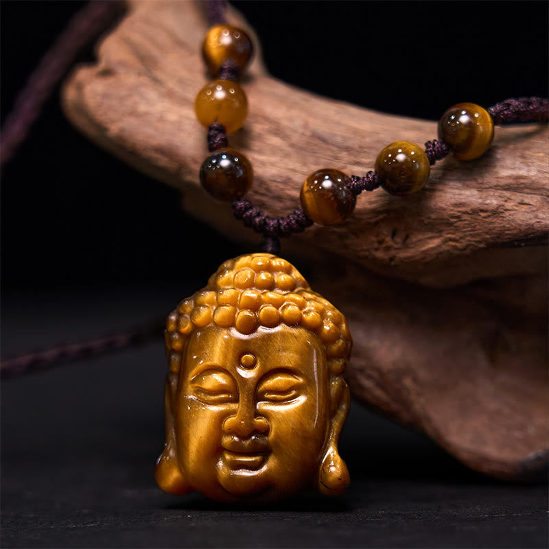 Collier pendentif courage tête de Bouddha œil de tigre