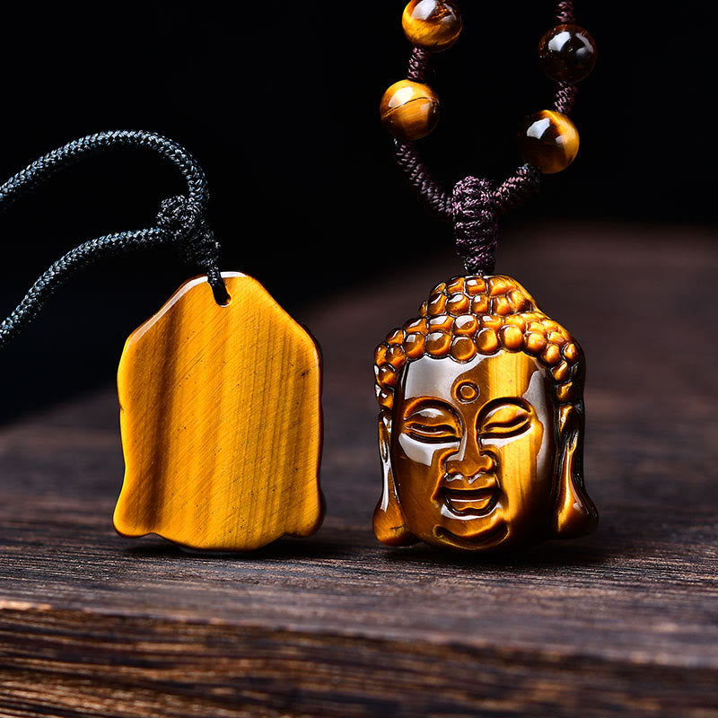 Collier pendentif courage tête de Bouddha œil de tigre