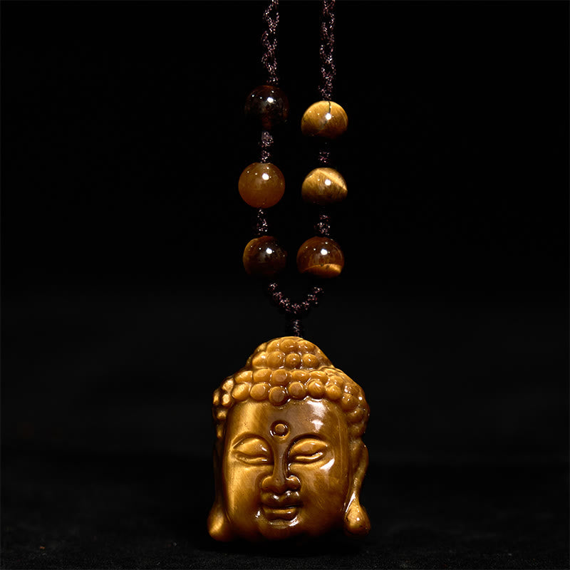 Collier pendentif courage tête de Bouddha œil de tigre